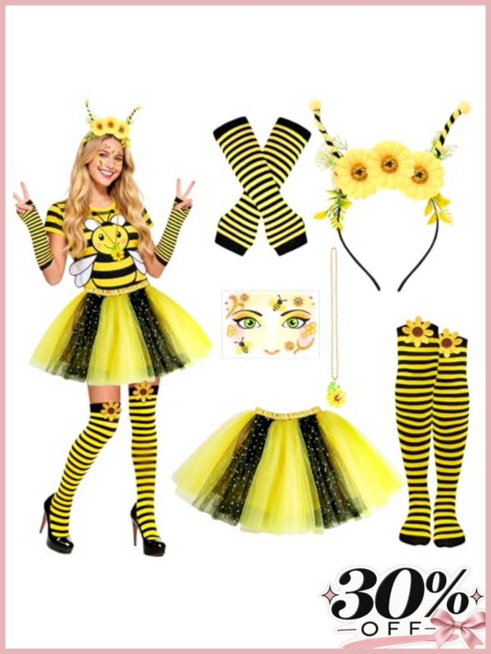 Bee Costume Set Tutu Headband Necklace Socks Gloves Halloween Party